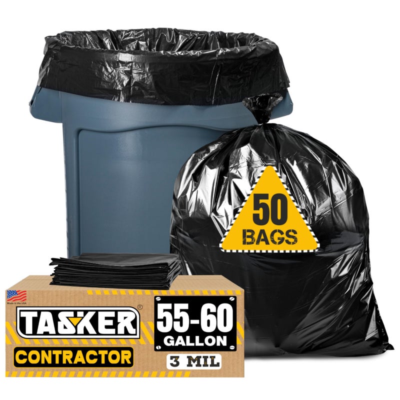 Tasker Contractor Garbage Bags 55 Gallon, 3 Mil Black Contractor Garbage Bag (50 Bags w/Ties) Large 55 Gallon Trash Bags Heavy Duty Liners, Extra Large Trash Liners for Construction, Industrial Bag - Image 1